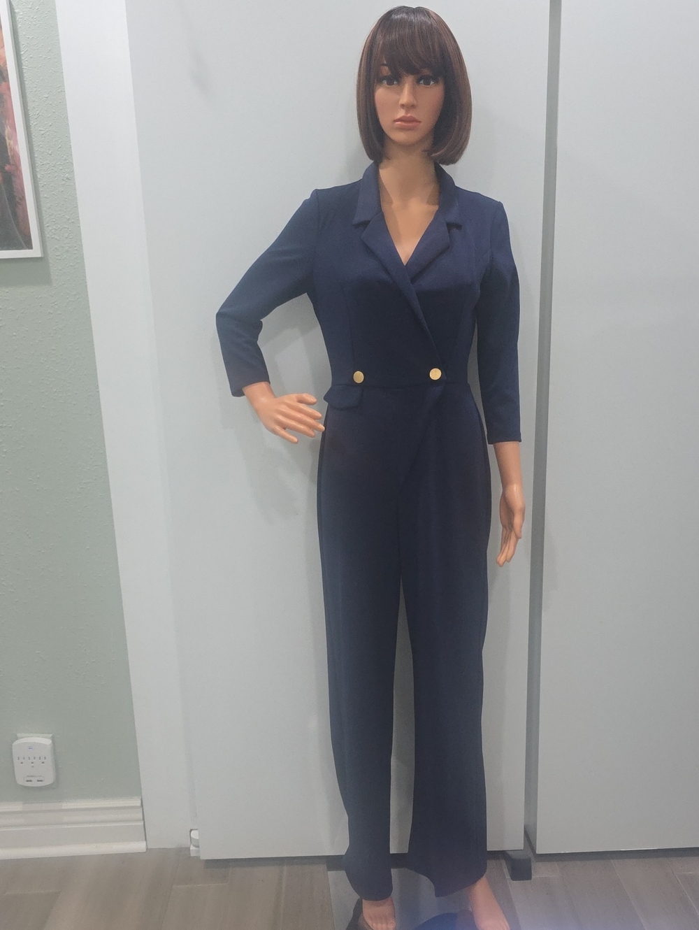 Boston Proper Navy 3/4 Length Sleeve Tailored Jumpsuit with Gold Buttons. Size 4